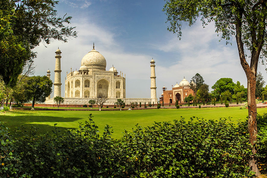 The Taj Mahal stands beautifully on a Spring morning.