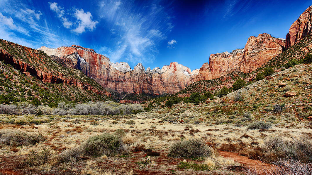 A view of moutain peaks at Zion National Park's Museum of Human History