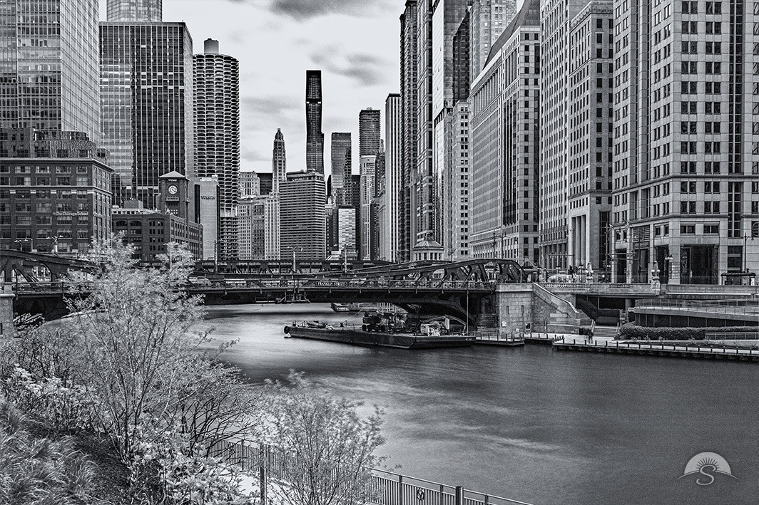 A long exposure image of the Chicago Riverwalk that makes the city appear abandoned.