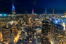 Evening lights shine throughout Midtown Manhattan