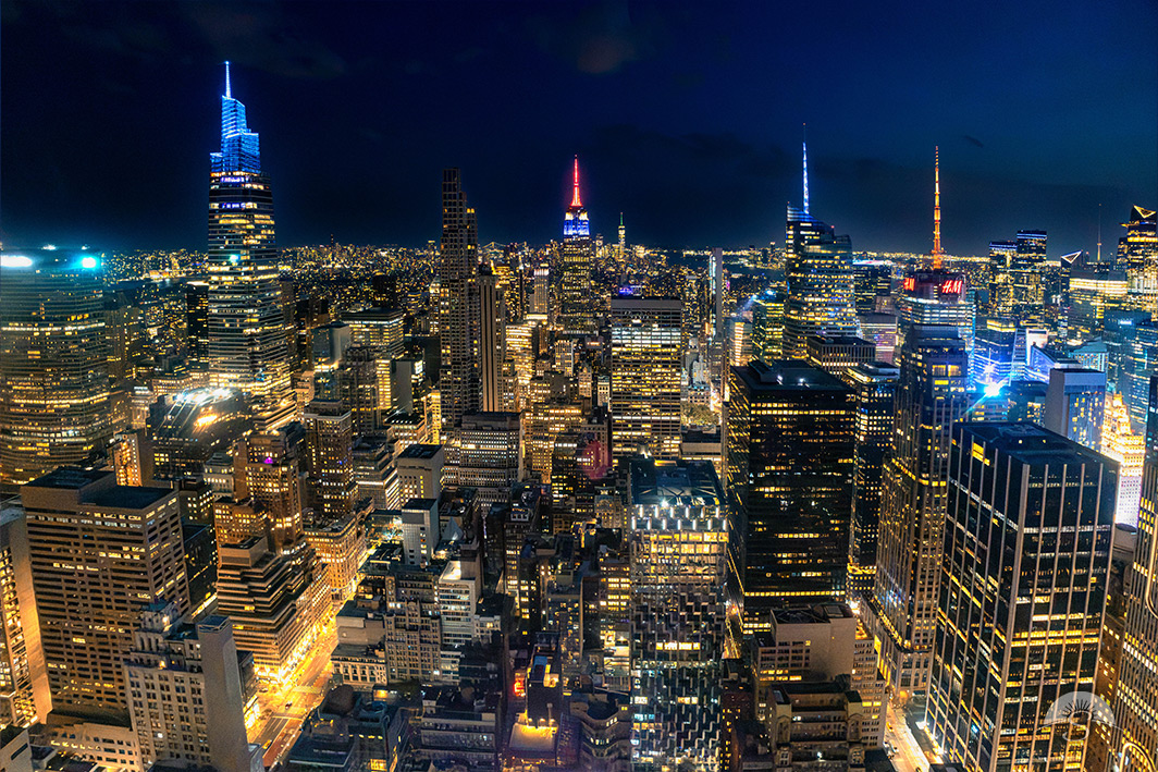 Evening lights shine throughout Midtown Manhattan